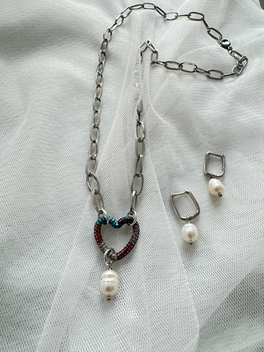 Collana cuore e orecchini perla